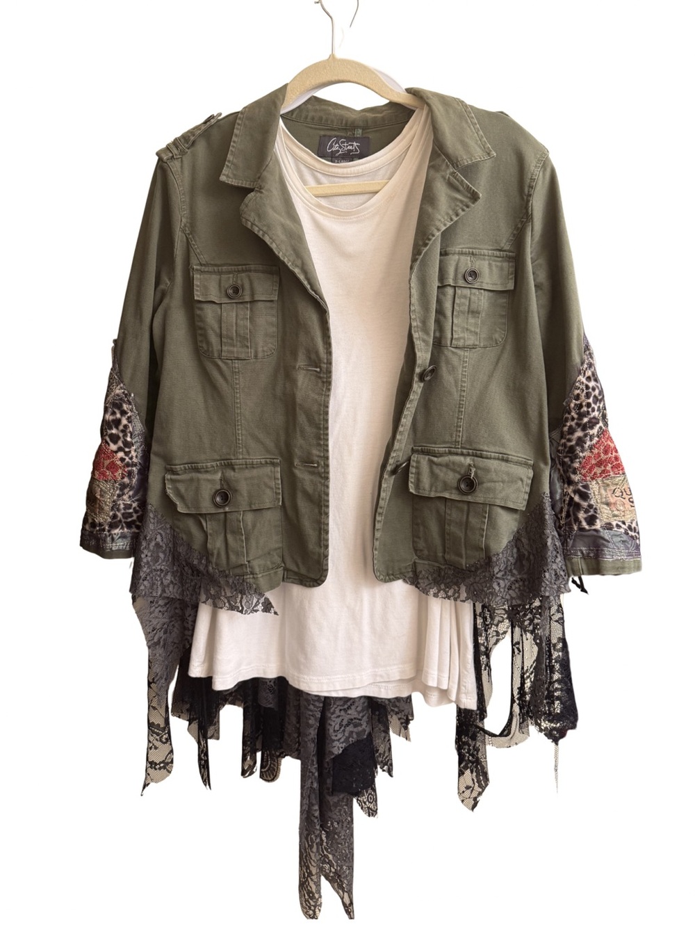 Hand Crafted Olive Green Patchwork Military Jacket with Lace Panels - Picture 8 of 10